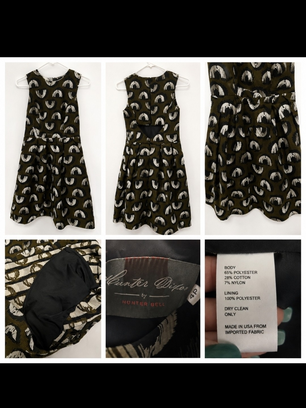HUNTER BELL Olive Black and Ivory Printed Fit-and-Flare Midi Dress